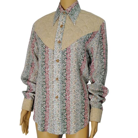 1970s Western Cream Floral Print Patchwork Quilted Yoke Button Up Shirt Size M - Picture 1 of 10